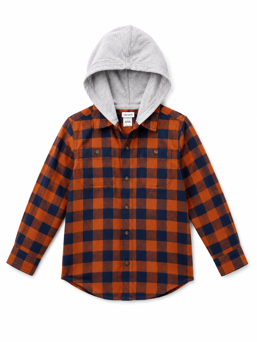 Carter’s Orange and Navy Plaid Hooded Shirt – Size 4