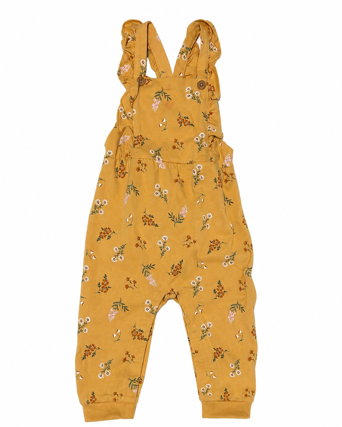 Baby Girls’ Mustard Floral Ruffle Overalls Size 24 Months