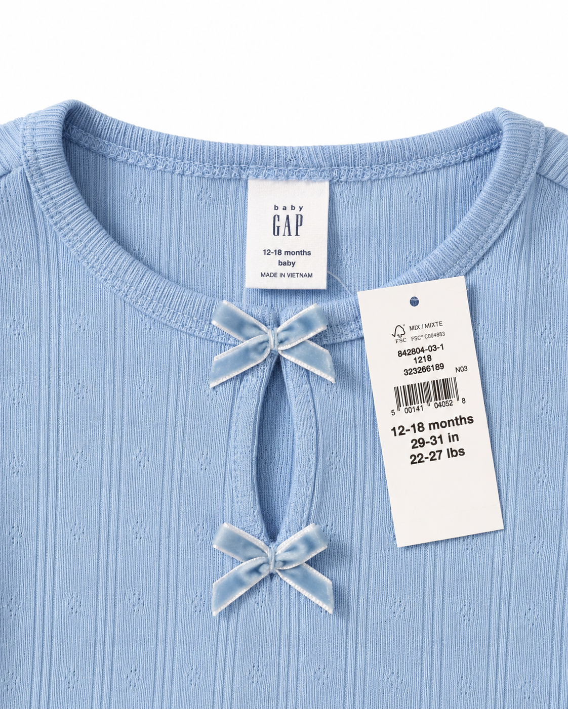 Baby Gap Blue Pointelle Bow Top – Size 12–18 Months NWT