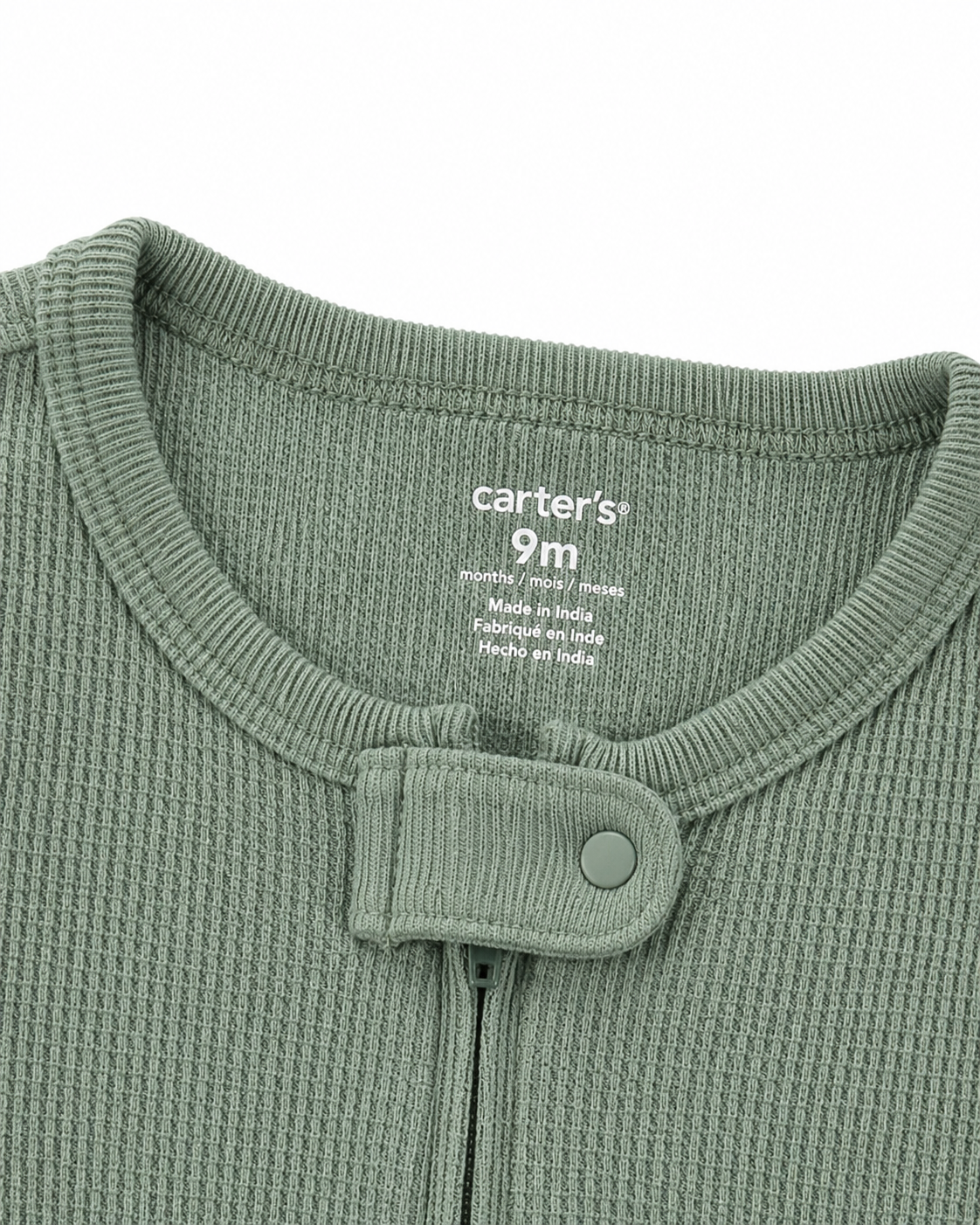 Carter’s Sage Ribbed Zip Romper – Size 9 Months