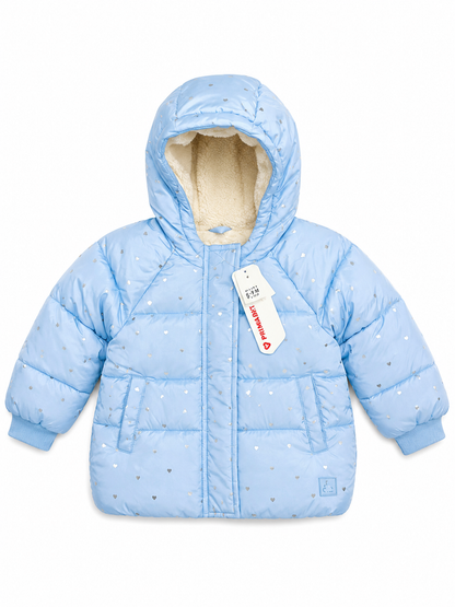 Baby Gap Blue Hooded Puffer Jacket with Silver Heart Print – 12–18 Months