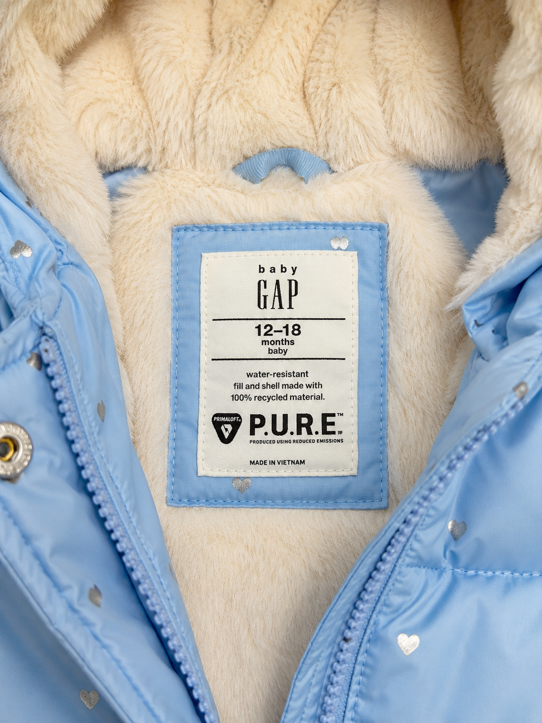 Baby Gap Blue Hooded Puffer Jacket with Silver Heart Print – 12–18 Months