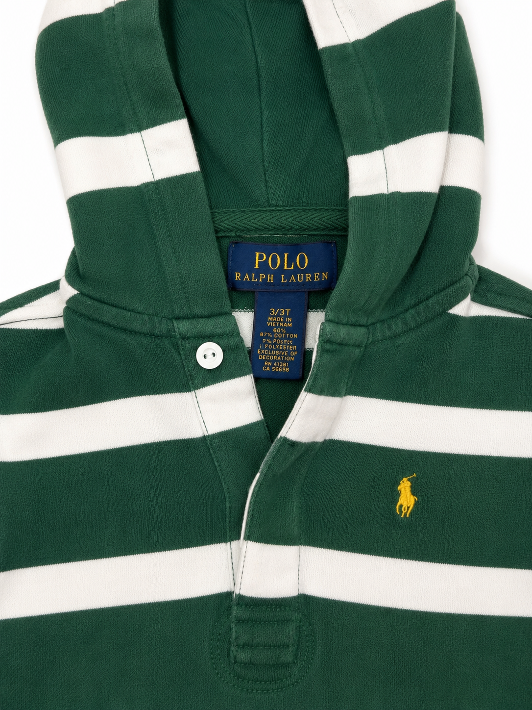 Ralph Lauren Polo Toddler Hooded Rugby Pullover – Green & White Striped Size 3/3T