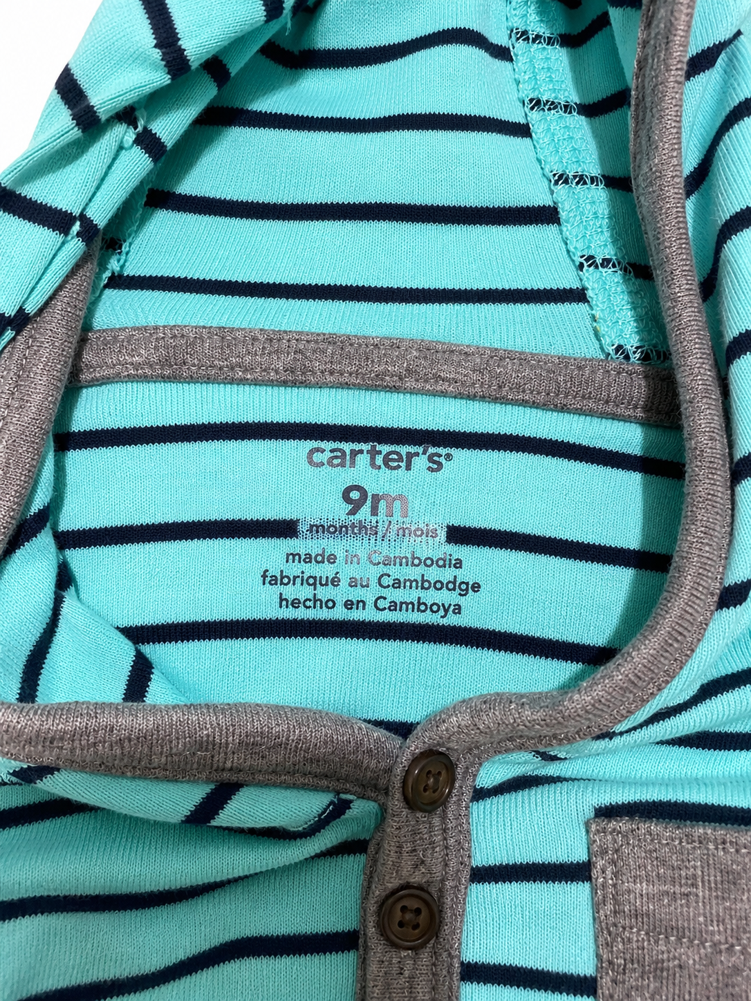 Carter's Baby Hooded Bodysuit – 9 Months – Blue Striped Long Sleeve with Bear Ear Hood