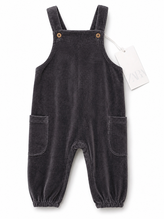 ZARA Baby Velour Overalls/Romper – 6–9 Months (74 cm) – Charcoal Gray NWT