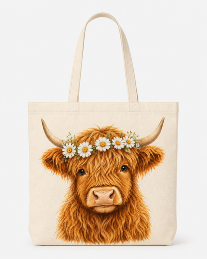 Floral Highland Cow Tote Bag