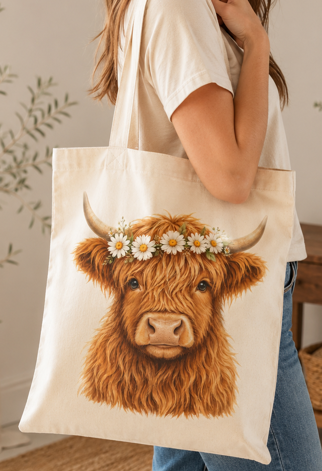 Floral Highland Cow Tote Bag
