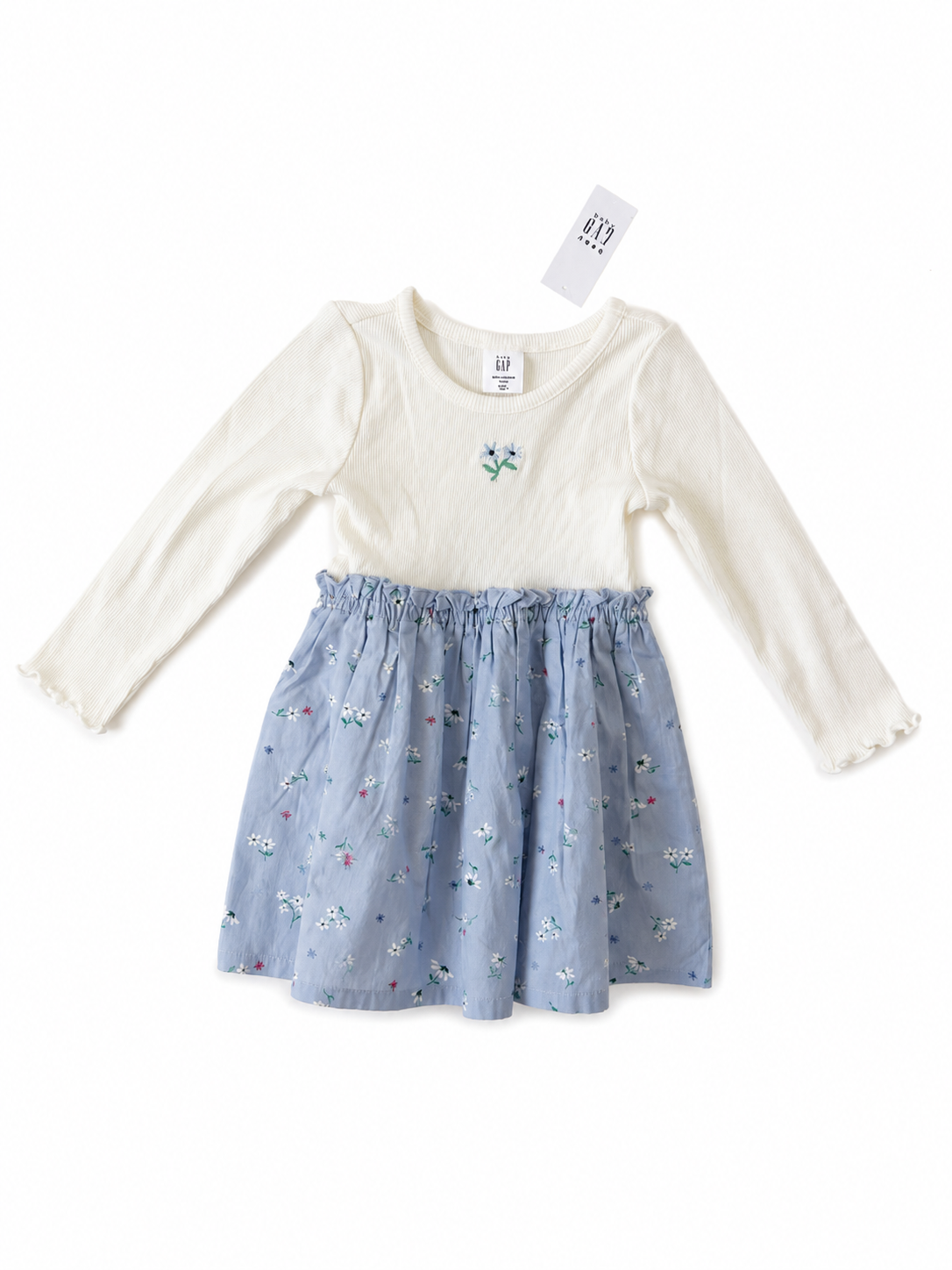 Baby GAP Long Sleeve Floral Dress – Cream & Blue Size 12-18 months NWT